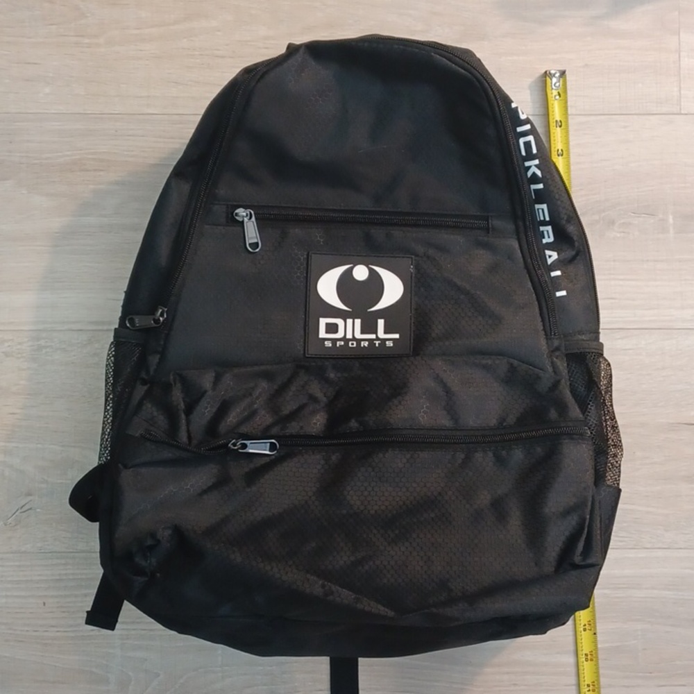 Dill black pickleball bag.  Big enough for paddles, balls and shoes. Pickle ball